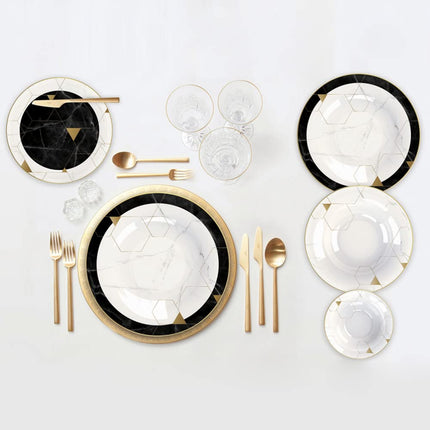 Karaca Blue Gem Bone China Dinner Service Set for 6 People - 24-Piece Dinnerware Set with Plate and Bowl Set, Round Dinnerware Set, Black, White &amp; Gold Dinner Set