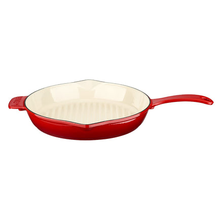Lava Enameled Cast Iron Ceramic Steak Grill Pan with Side Drip Spouts - 11 inch Round Frying Pan with White Ceramic Enamel Coated Interior - Edition Series (Red)