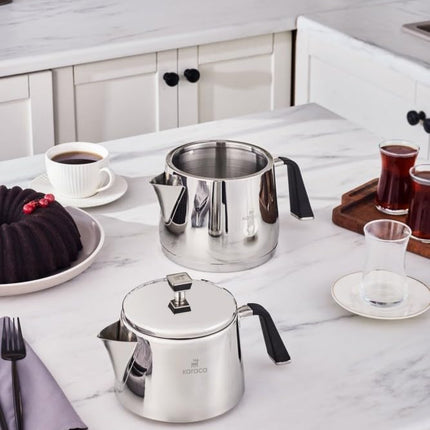 Karaca Fiona Stainless Steel Turkish Teapot Set, 1L Tea Pot &amp; 2L Water Tank (Kettle), Stove Top/Induction Compatible, Elegant Silver Design, Easy to Clean, Non-Flammable Handles