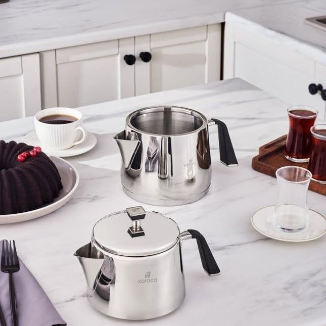 Karaca Fiona Stainless Steel Turkish Teapot Set, 1L Tea Pot &amp; 2L Water Tank (Kettle), Stove Top/Induction Compatible, Elegant Silver Design, Easy to Clean, Non-Flammable Handles
