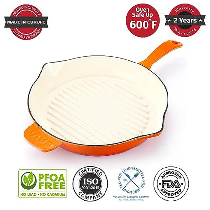 Lava Enameled Cast Iron Ceramic Steak Grill Pan with Side Drip Spouts - 11 inch Round Frying Pan with White Ceramic Enamel Coated Interior - Edition Series (Orange)