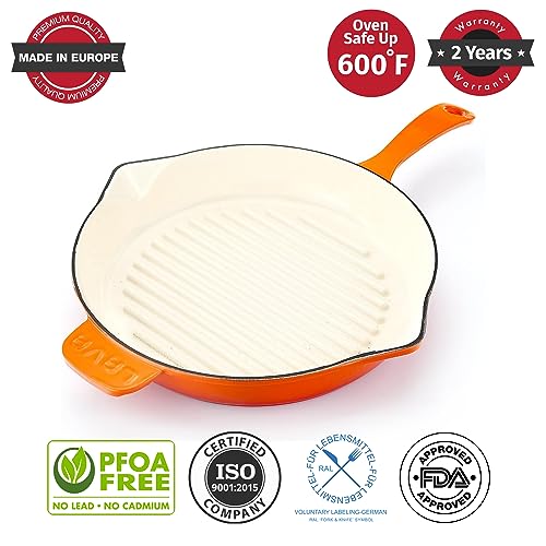 Lava Enameled Cast Iron Ceramic Steak Grill Pan with Side Drip Spouts - 11 inch Round Frying Pan with White Ceramic Enamel Coated Interior - Edition Series (Orange)