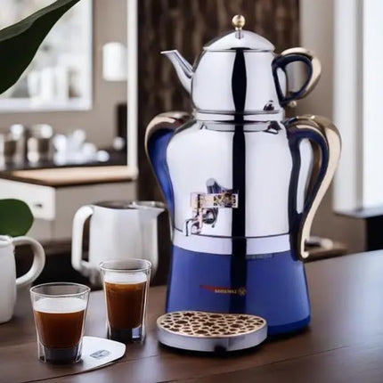 Korkmaz Hanedan A843-04 Stainless Steel Samovar, Upper Pot 1.3 L (43.9 Oz), Bottom Pot 3.5 L (118.3 Oz) Electric Turkish Tea Maker Set, Double Pots Tea Machine, Inox, Rosegold, 110 V US Plug, 5.1-Quart