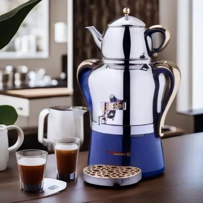 Korkmaz Hanedan A843-04 Stainless Steel Samovar, Upper Pot 1.3 L (43.9 Oz), Bottom Pot 3.5 L (118.3 Oz) Electric Turkish Tea Maker Set, Double Pots Tea Machine, Inox, Rosegold, 110 V US Plug, 5.1-Quart