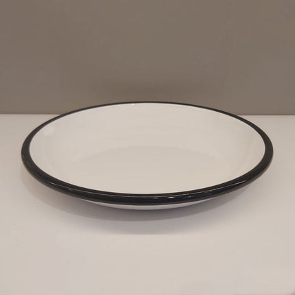 Enamel Deep Flat Plate 25 cm White Black Edge