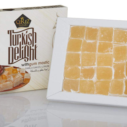 Cerez Pazari Turkish Delight with Fantastic Gum Mastic 7 oz Gourmet Small Size Snacks Gift Box | No Nuts Sweet Luxury Traditional Confectionery Vegan Soft Candy Dessert Glucose Free Turkish Delight (Loukoumi) Approx.18 Pcs