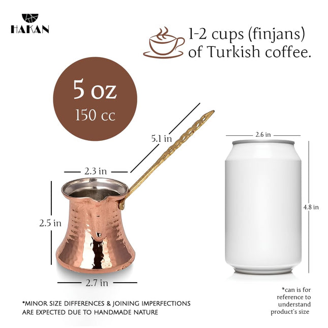 Hakan Turkish Coffee Pot | Stove Top Water Boiler, Coffee Maker, Butter, Chocolate &amp; Milk Warmer | Even and Quick Heat with Handcrafted Copper Material | Coffee Gifts Idea, 5 Oz (150 cc)