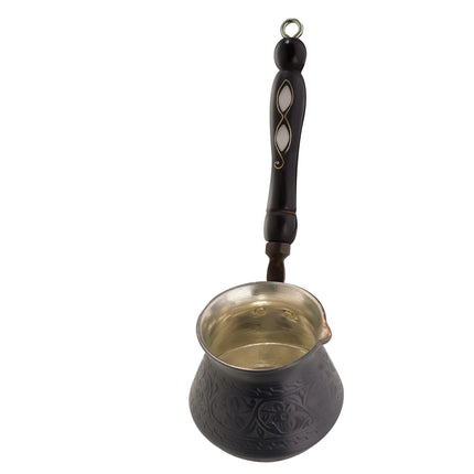 BCS 12 Oz Copper Turkish Greek Arabic Coffee Pot with Wooden Handle (4 servings) Cezve Ibrik Briki Stovetop Coffee Maker (Includes Wooden Spoon)