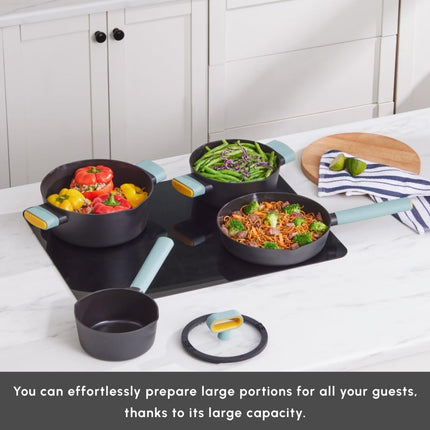 KARACA Fancy Ceramic Cookware Sets Black, Kitchen Pots &amp; Pans Set Non Stick with Lid, Swiss Crystal Surface, Induction Cooking Utensils, 7-Piece, Dishwasher Safe