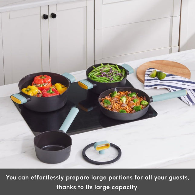 KARACA Fancy Ceramic Cookware Sets Black, Kitchen Pots & Pans Set Non Stick with Lid, Swiss Crystal Surface, Induction Cooking Utensils, 7-Piece, Dishwasher Safe