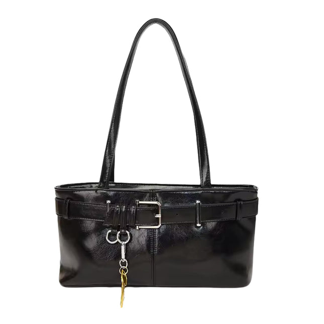 Base'ic Women's Vegan Leather Shoulder Bag with Belted Detail &amp; Key Charm – Medium Tote Handbag for Everyday, Work &amp; Travel (Black)