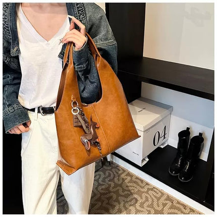 Base'ic Women's Vegan Leather Shoulder Tote Bag – Chic Hobo Handbag with Inner Pouch &amp; Decorative Dog &amp; Chocolate Charm (Brown)