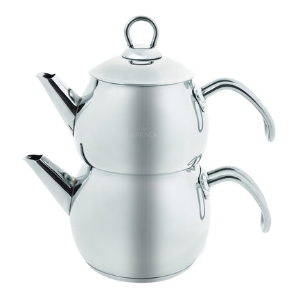 Karaca Belinay Teapot Set, Medium,18/10 Stainless Steel, Turkish Tea Set, Tea Maker, Teapot &amp; Lid (1L 2.2lb) Tea Kettle (1.6L 3.5lb), Tea Sieve, Turkish Tea Maker, Double Teapots, Durable, Silver