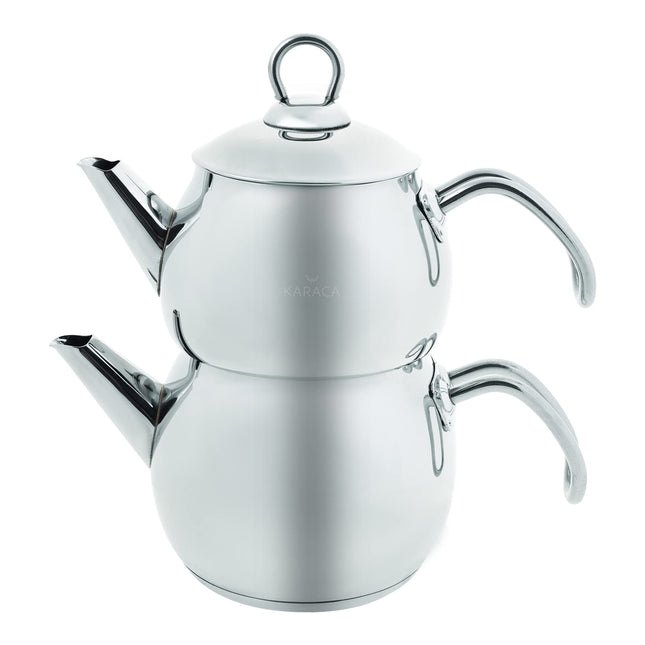 Karaca Belinay Teapot Set, Medium,18/10 Stainless Steel, Turkish Tea Set, Tea Maker, Teapot &amp; Lid (1L 2.2lb) Tea Kettle (1.6L 3.5lb), Tea Sieve, Turkish Tea Maker, Double Teapots, Durable, Silver