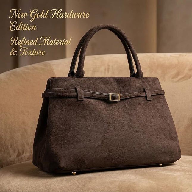 Base'ic Brown Suede Tote Bag - Vegan Brown Suede Purses for Women with Gold Hardware, Adjustable Belt, Magnetic Closure - Elegant Shoulder Bag Hobo Bag - Stylish Brown Purse - Work Bag, City Bag