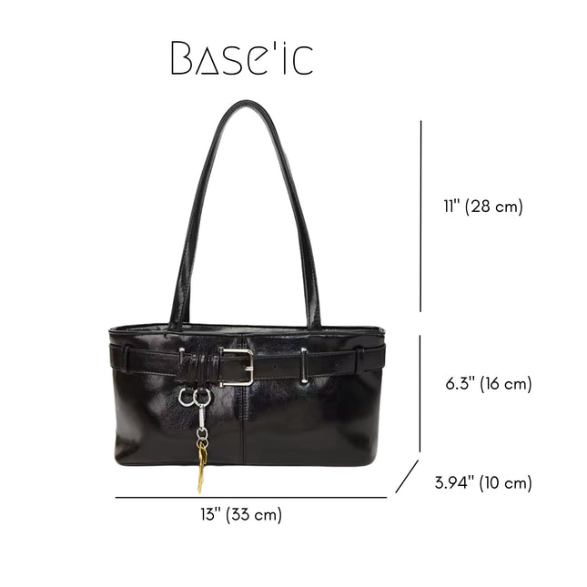 Base'ic Women's Vegan Leather Shoulder Bag with Belted Detail &amp; Key Charm – Medium Tote Handbag for Everyday, Work &amp; Travel (Black)