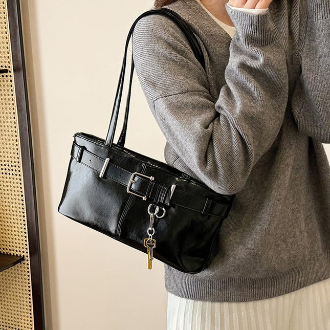 Base'ic Women's Vegan Leather Shoulder Bag with Belted Detail &amp; Key Charm – Medium Tote Handbag for Everyday, Work &amp; Travel (Black)