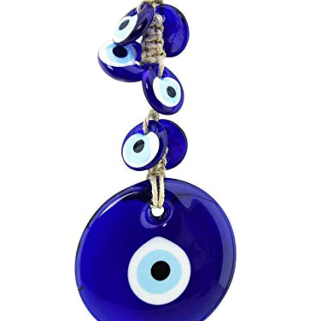 Erbulus 4" Glass Blue Evil Eye Wall Hanging Ornament with 6 Mini Beads - Turkish Handmade Nazar Amulet - Door Hanging for Home Protection Charm - Evil Eye Wall Decor Amulet in a Box