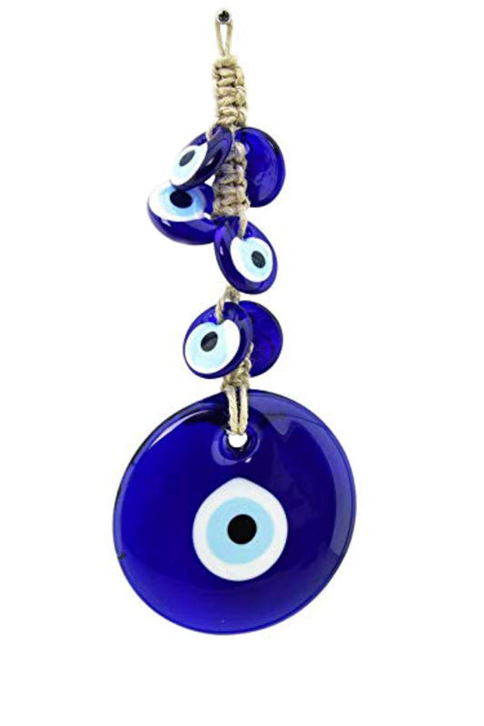 Erbulus 4" Glass Blue Evil Eye Wall Hanging Ornament with 6 Mini Beads - Turkish Handmade Nazar Amulet - Door Hanging for Home Protection Charm - Evil Eye Wall Decor Amulet in a Box