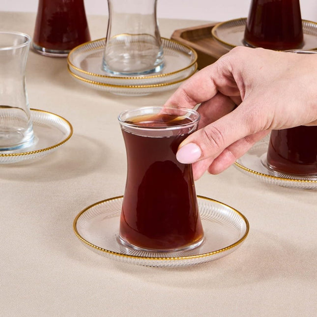 Karaca Juliet Turkish Tea Cups Set of 12, 170ml/5.74oz Turkish Tea Glasses with Gold Detail Saucers for 6 People, Ideal Glass Set for Mother's Day and Housewarming