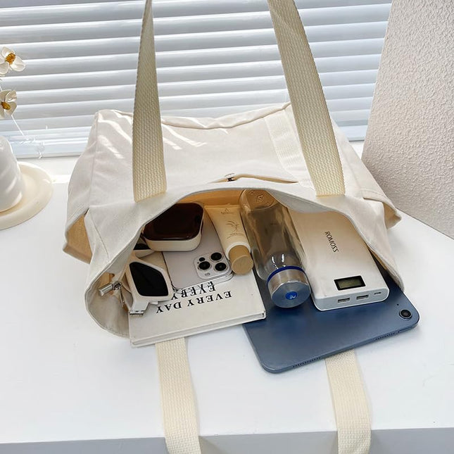 Base'ic Women's Canvas Tote Bag – Large Cotton Shoulder Handbag with Multiple Pockets, Reusable Casual Shopping Bag for Daily Use (Black)