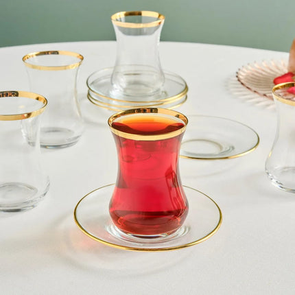 KARACA Sydney 12-Piece Glass Turkish Tea Set for 6 People, Gold, Tea Service, 6 Turkish Tea Glasses with Saucers, 12 Pieces, Glass, Tea Plates/Saucers