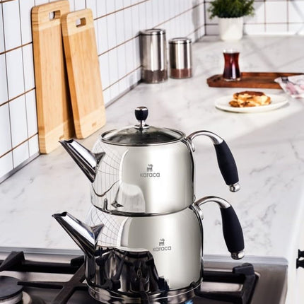 Karaca Stella Stainless Steel Turkish Teapot Set, 1L Tea Pot &amp; 2L Water Tank (Kettle), Stove Top/Induction Compatible, Elegant Silver Color, Easy to Clean, Heat-Resistant Handles