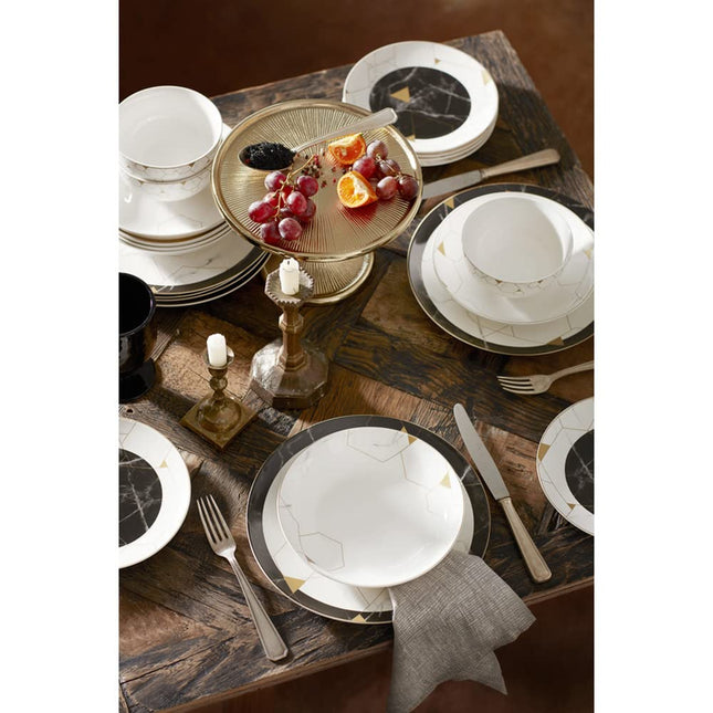 Karaca Blue Gem Bone China Dinner Service Set for 6 People - 24-Piece Dinnerware Set with Plate and Bowl Set, Round Dinnerware Set, Black, White &amp; Gold Dinner Set