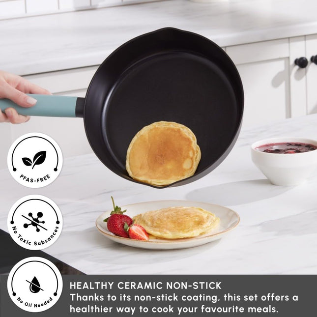 KARACA Fancy Ceramic Cookware Sets Black, Kitchen Pots &amp; Pans Set Non Stick with Lid, Swiss Crystal Surface, Induction Cooking Utensils, 7-Piece, Dishwasher Safe