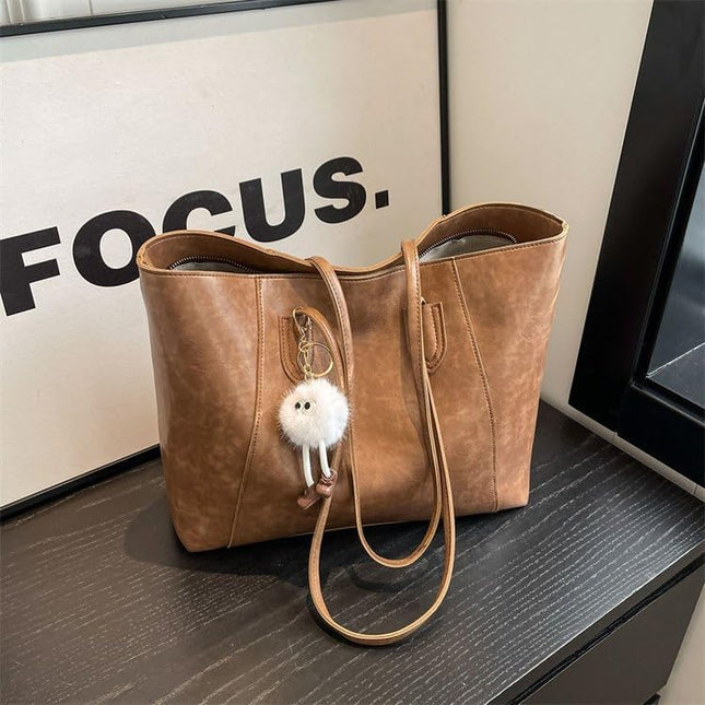 Base'ic Women's Large Vegan Leather Tote Bag – Shoulder Handbag with Inner Pocket &amp; Decorative Charm, Work &amp; Travel Purse (Light Brown)