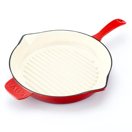 Lava Enameled Cast Iron Ceramic Steak Grill Pan with Side Drip Spouts - 11 inch Round Frying Pan with White Ceramic Enamel Coated Interior - Edition Series (Red)