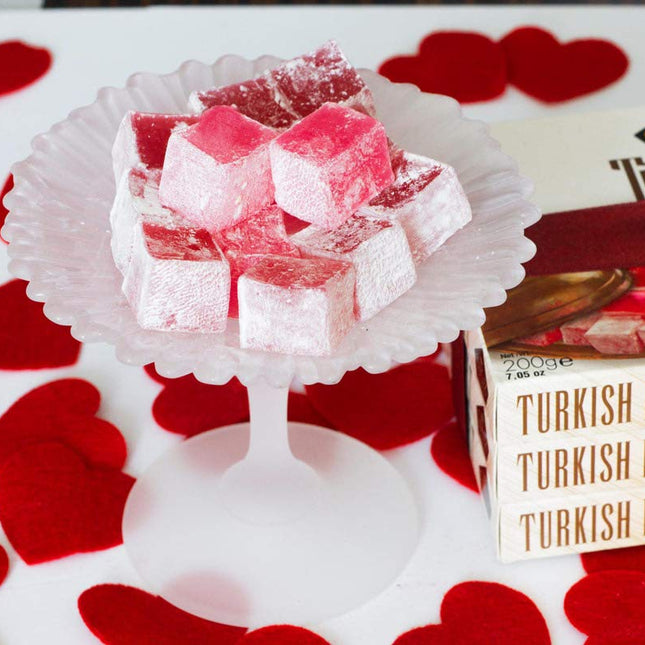 Cerez Pazari Turkish Delight with Rose Flavor 230gr Gourmet Small Size Snacks Gift Box | No Nuts Sweet Traditional Vegan Soft Candy Dessert Approx 40 Pcs