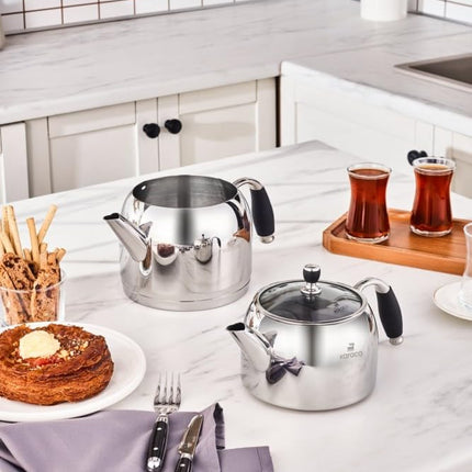 Karaca Stella Stainless Steel Turkish Teapot Set, 1L Tea Pot &amp; 2L Water Tank (Kettle), Stove Top/Induction Compatible, Elegant Silver Color, Easy to Clean, Heat-Resistant Handles