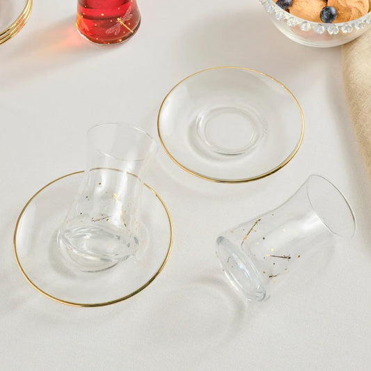 KARACA Yusufcuk Glass Turkish Tea Set with Saucers for 6 People, Turkish Tea Glasses Set of 12 for Adults, 170ml, Gold