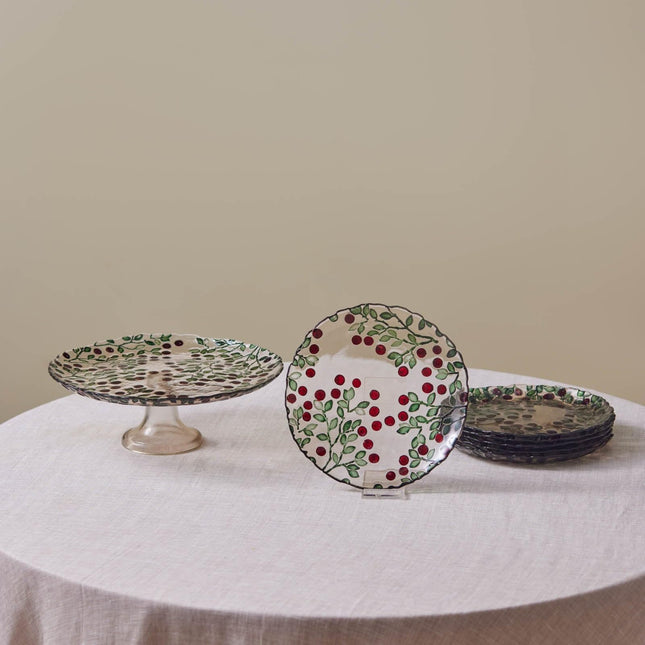KARACA Berry 11" Cake Stand and Dessert Plates Set for 6 People - Glass, Round &amp; Berry Pattern - Large Side Plates for Tea Party - Ideal for Serving Cupcakes, Donuts, and More (7 Pieces)