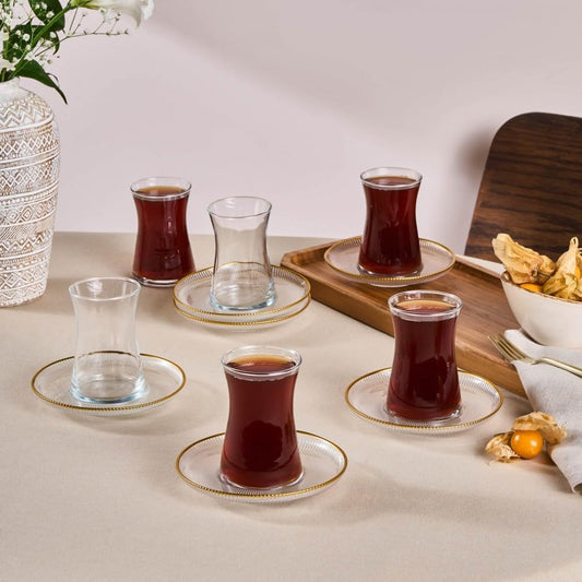 Karaca Juliet Turkish Tea Cups Set of 12, 170ml/5.74oz Turkish Tea Glasses with Gold Detail Saucers for 6 People, Ideal Glass Set for Mother's Day and Housewarming