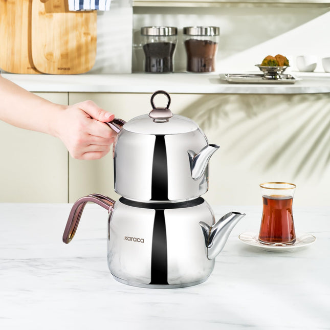 Karaca Manes Turkish Teapot Set for Stovetop, Induction Base Stainless Steel Tea Maker (1.35L Tea Pot &amp; 1.95L Stove Top Tea Kettle), Dishwasher Safe, Non-Burning Purple Handles Samovar Style