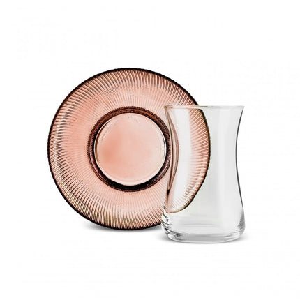 Karaca Juliet Turkish Tea Cups Set of 12, 170ml/5.74oz Turkish Tea Glasses with Brown Detail Saucers for 6 People, Ideal Glass Set for Mother's Day and Housewarming