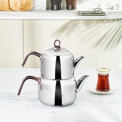 Karaca Manes Turkish Teapot Set for Stovetop, Induction Base Stainless Steel Tea Maker (1.35L Tea Pot &amp; 1.95L Stove Top Tea Kettle), Dishwasher Safe, Non-Burning Purple Handles Samovar Style