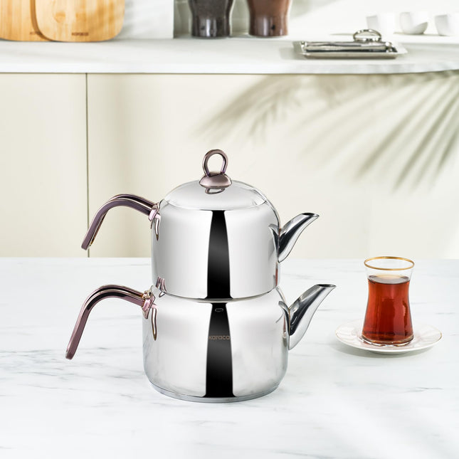Karaca Manes Turkish Teapot Set for Stovetop, Induction Base Stainless Steel Tea Maker (1.35L Tea Pot &amp; 1.95L Stove Top Tea Kettle), Dishwasher Safe, Non-Burning Purple Handles Samovar Style