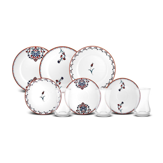 Karaca Nakkas Turkish Teacups & Appetizer Plate Set for 6 People - Colorful Dessert Plates (7.4"), Small Turkish Tea Glasses with Saucers - 18 Piece Glass Tea Cups & Porcelain Dish Set