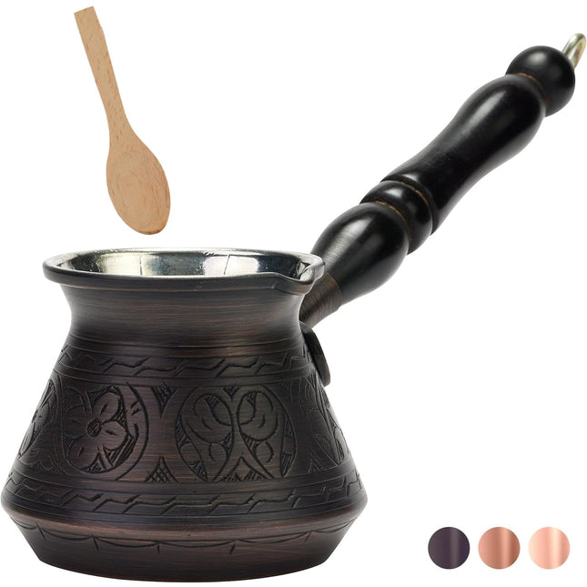 DEMMEX Thickest Engraved Solid Copper Turkish Coffee Pot – Stovetop Greek, Arabic Coffee Maker, Cezve, Ibrik, Briki – Wooden Handle &amp; Spoon - Handmade in Turkey (Antique Copper, 9 fl Oz (3ppl))