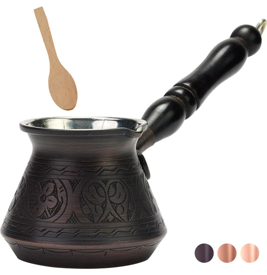 DEMMEX Thickest Engraved Solid Copper Turkish Coffee Pot – Stovetop Greek, Arabic Coffee Maker, Cezve, Ibrik, Briki – Wooden Handle & Spoon - Handmade in Turkey (Antique Copper, 9 fl Oz (3ppl))