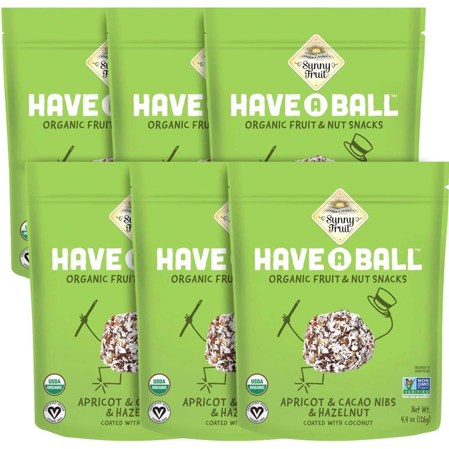 Sunny Fruit 100% RAW Fruit & Nut Snacks, Apricot, Cacao Nibs & Hazelnut, 6-Pack (9 Balls Per Bag) | Healthy, Convenient, On-the-Go Energy Balls | ORGANIC, VEGAN, GLUTEN-FREE, KOSHER, NO ADDED SUGAR