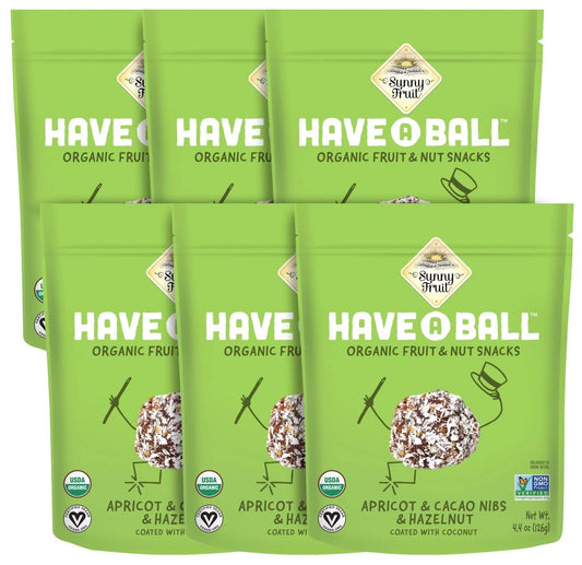 Sunny Fruit 100% RAW Fruit & Nut Snacks, Apricot, Cacao Nibs & Hazelnut, 6-Pack (9 Balls Per Bag) | Healthy, Convenient, On-the-Go Energy Balls | ORGANIC, VEGAN, GLUTEN-FREE, KOSHER, NO ADDED SUGAR