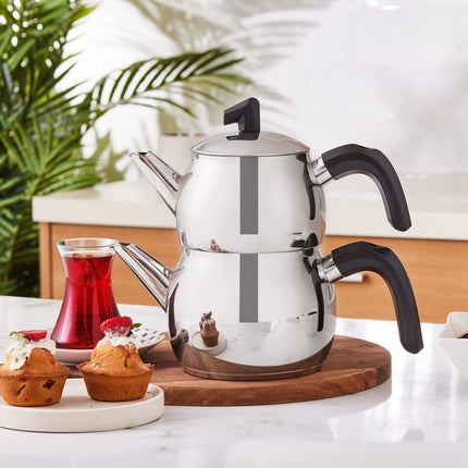 Karaca Belinay Teapot Set Silver Black, 18/10 Stainless Steel, Teapot/Lid (1 lt, 2.20 lb), Tea Kettle (1.6 lt, 3.5 lb), Suitable for Induction