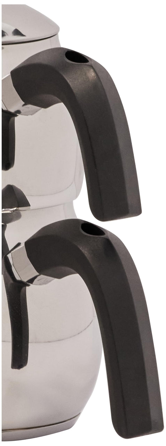 Karaca Belinay Teapot Set Silver Black, 18/10 Stainless Steel, Teapot/Lid (1 lt, 2.20 lb), Tea Kettle (1.6 lt, 3.5 lb), Suitable for Induction
