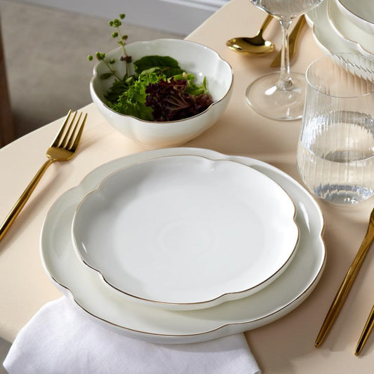 Karaca Flora Dinnerware Sets for 6 People, Modern Floral Design with Gold Trim Bone China Dinner Set, Kitchen Plates Bowls Set, Bone China, 24-Piece, White