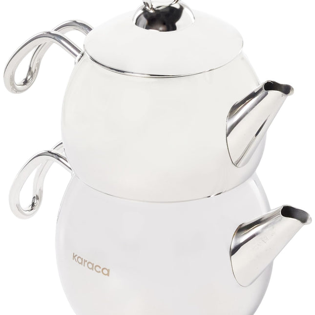 Karaca Adelya Stainless Steel Induction Teapot Set with 0.65L Teapot &amp; 1.1L Tea Kettle, Traditional Turkish Tea Set Brewing System, Dishwasher Safe, Silver