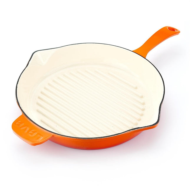 Lava Enameled Cast Iron Ceramic Steak Grill Pan with Side Drip Spouts - 11 inch Round Frying Pan with White Ceramic Enamel Coated Interior - Edition Series (Orange)